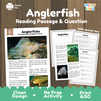 Anglerfish Reading Passage and Comprehension Questions with Answer Key Worksheets