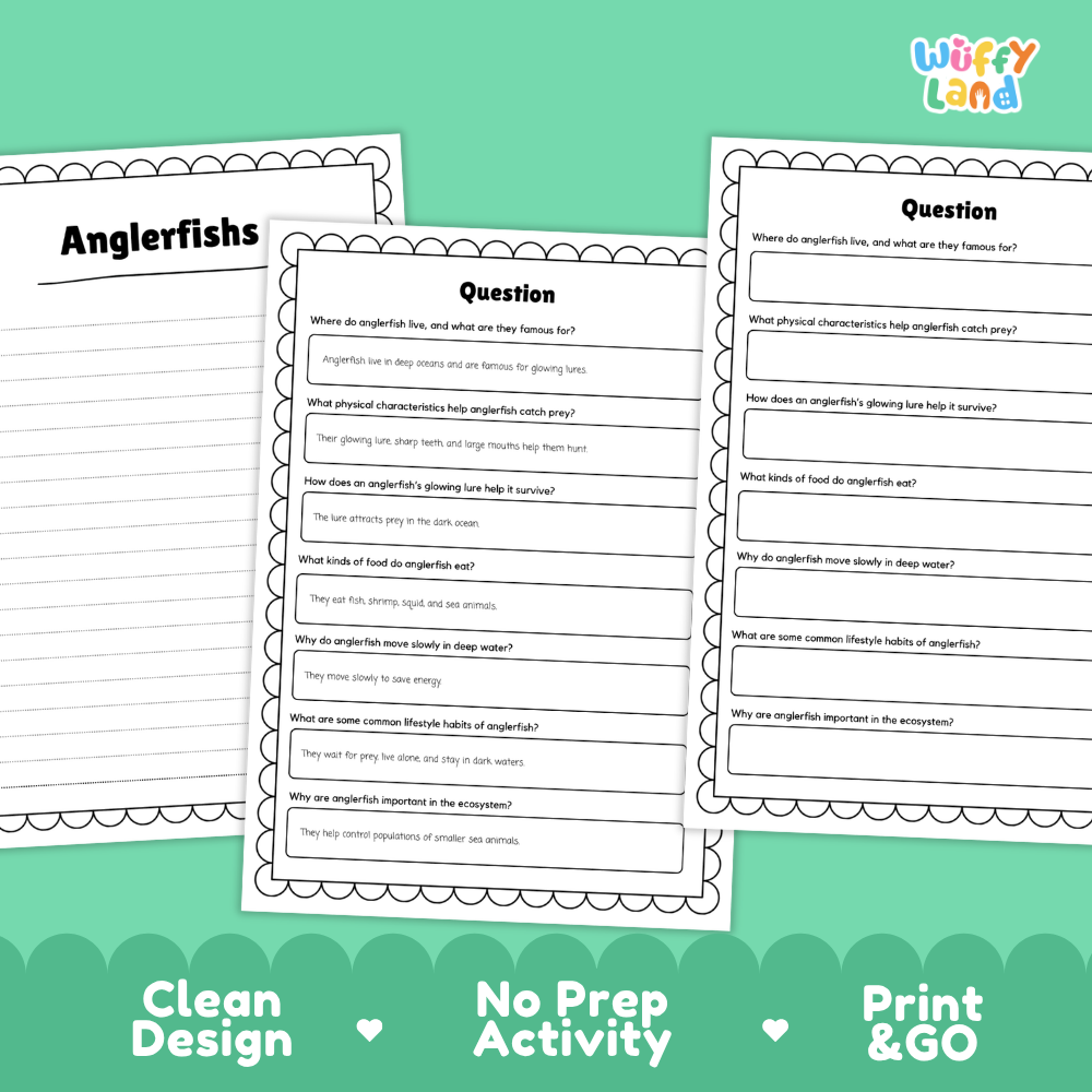 Three printable worksheet pages about anglerfishes on a mint green background, with the title 'Anglerfishs' on the left page and two question pages in the center. The brand logo 'Wiffly Land' appears in the top right, and marketing text at the bottom reads 'Clean Design', 'No Prep Activity', and 'Print & GO'.