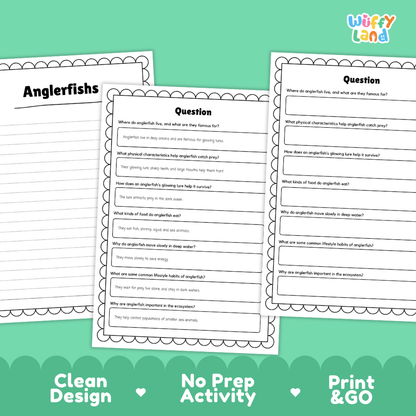Three printable worksheet pages about anglerfishes on a mint green background, with the title 'Anglerfishs' on the left page and two question pages in the center. The brand logo 'Wiffly Land' appears in the top right, and marketing text at the bottom reads 'Clean Design', 'No Prep Activity', and 'Print & GO'.