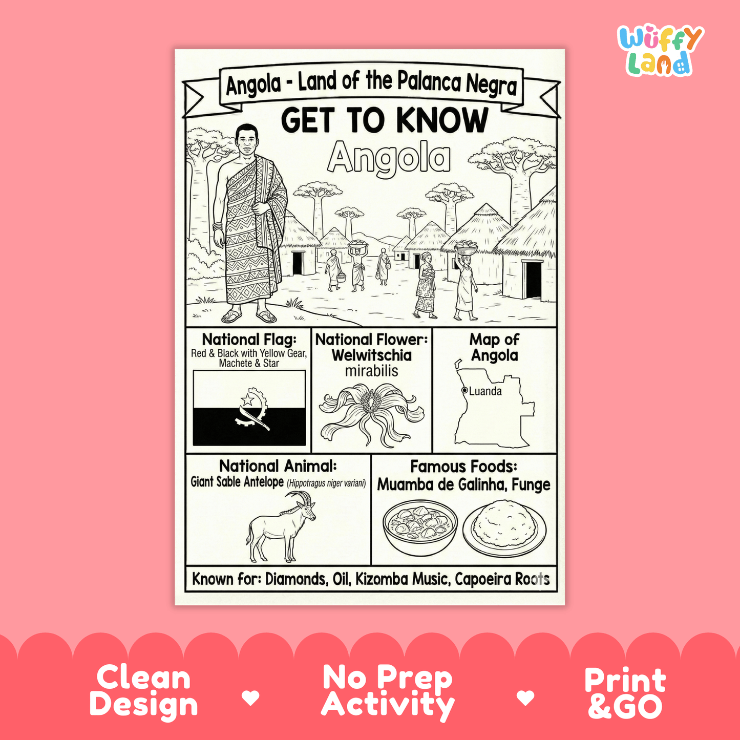 Angola Country Study Geography Coloring Page Worksheet Activity | Africa