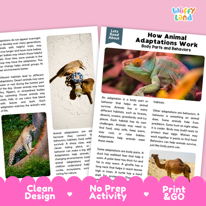 Complete teacher answer key worksheet providing detailed model responses for animal adaptation comprehension questions