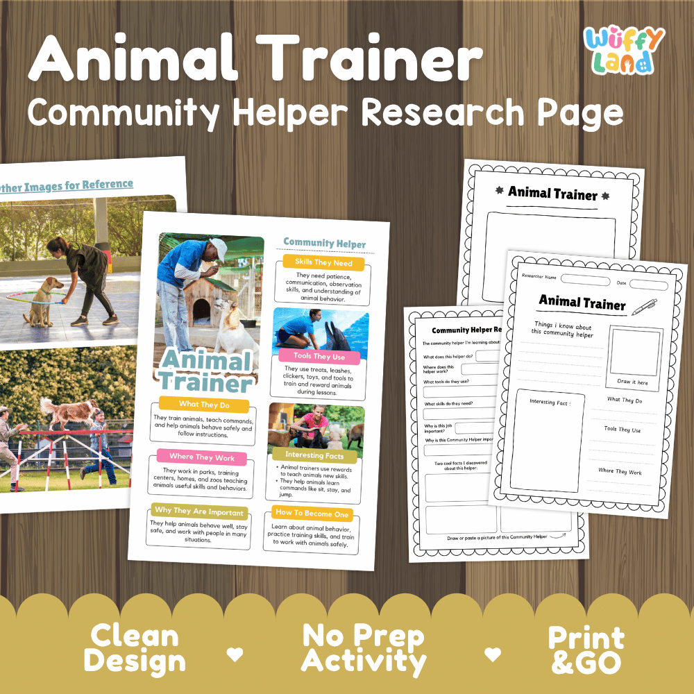 Animal trainer community helper research page writing worksheets pack featuring real photos and student activity pages for elementary social studies and animal care