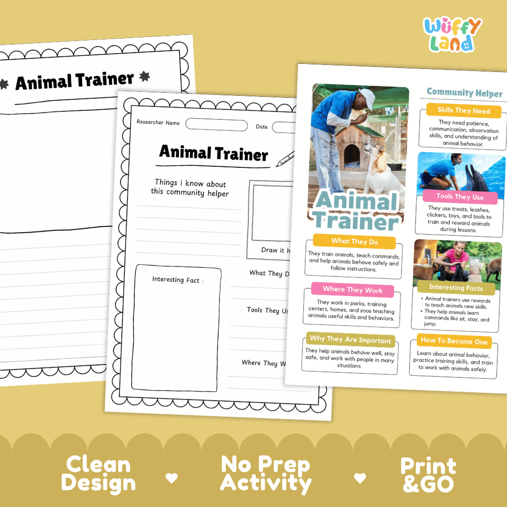 Educational reference poster with real photography showing animal trainer duties, reward tools, outdoor training workplace, and interesting facts