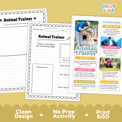 Educational reference poster with real photography showing animal trainer duties, reward tools, outdoor training workplace, and interesting facts