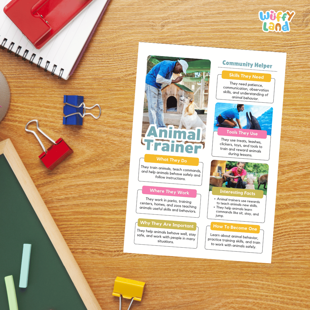 Guided student writing worksheets with lined sections for recording facts and a dedicated box for drawing or pasting a picture of an animal trainer