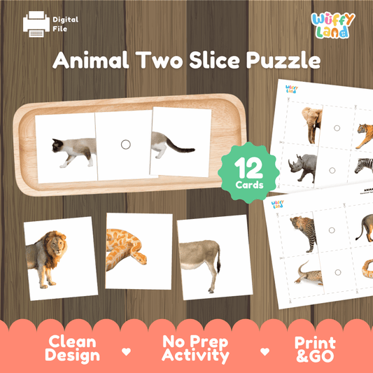 Animal two slice puzzle printable realistic animal matching activity pack overview from Wuffy Land featuring 12 cards 🐾🦁