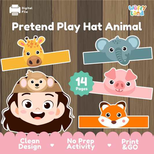 Digital preview graphic for a printable activity sheet titled 'Pretend Play Hat Animal' by Witty Land. The design shows cartoon animal faces on orange, yellow, blue, pink, and brown hat templates, with a child wearing a monkey hat.