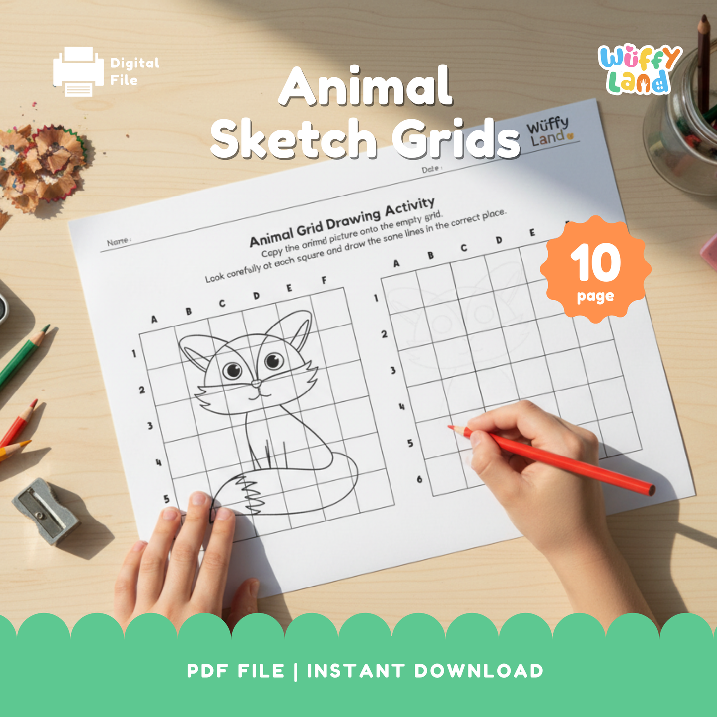 A worksheet showing an animal grid drawing activity with a fox illustration on the left grid and a blank grid on the right for students to copy the drawing