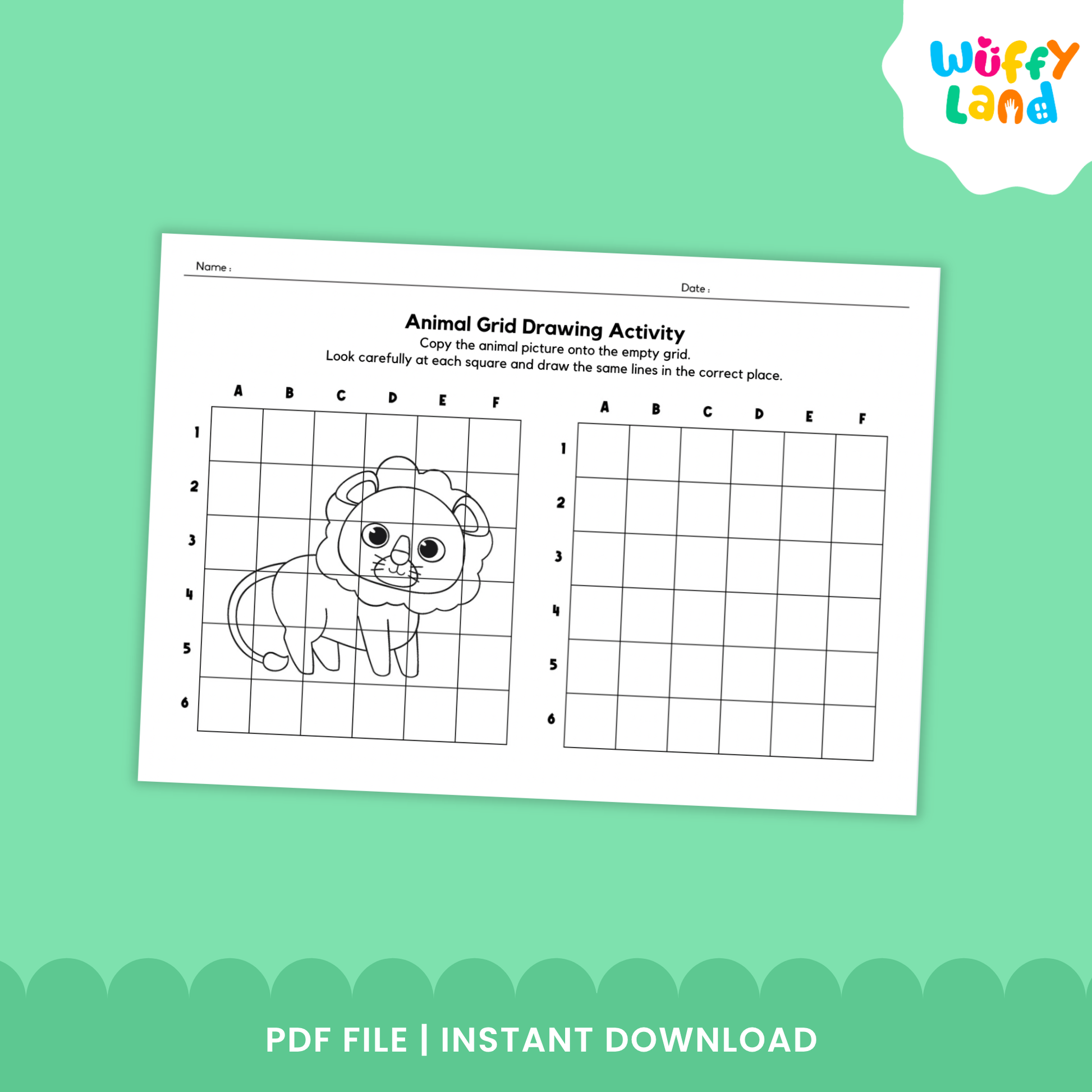 A worksheet showing an animal grid drawing activity with a fox illustration on the left grid and a blank grid on the right for students to copy the drawing