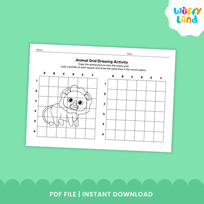 A worksheet showing an animal grid drawing activity with a fox illustration on the left grid and a blank grid on the right for students to copy the drawing