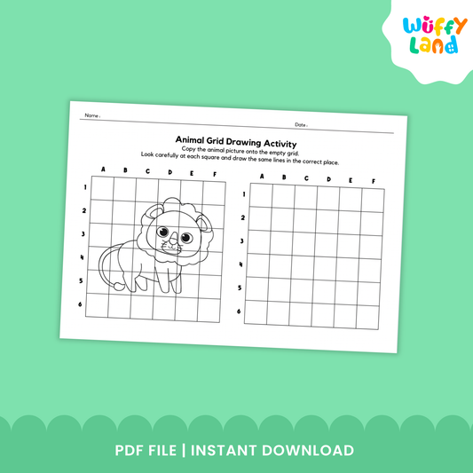 A worksheet showing an animal grid drawing activity with a fox illustration on the left grid and a blank grid on the right for students to copy the drawing
