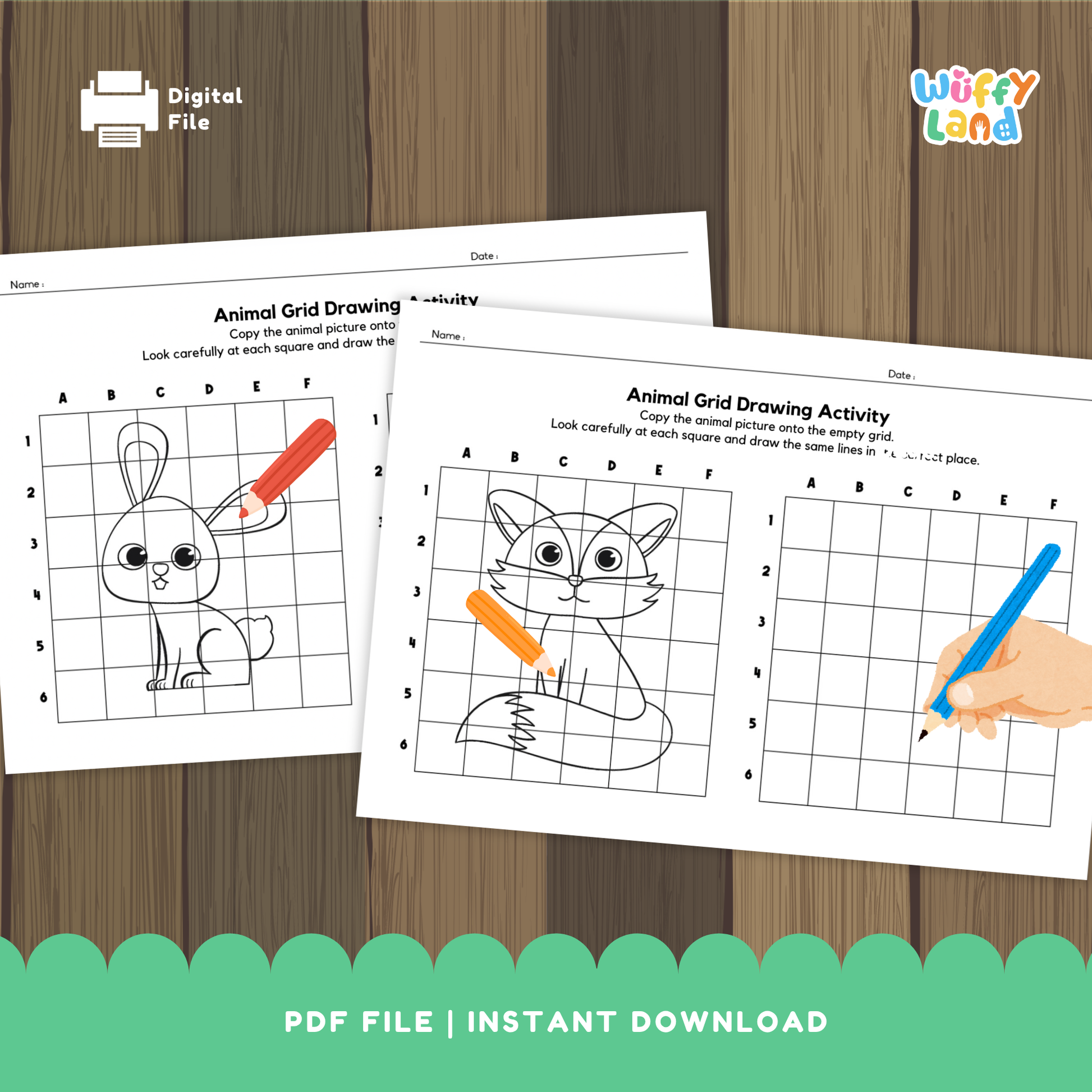 A worksheet showing an animal grid drawing activity with a fox illustration on the left grid and a blank grid on the right for students to copy the drawing