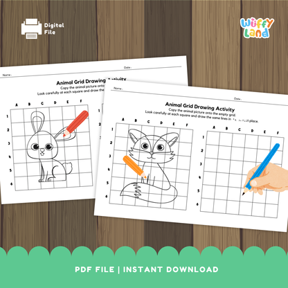 A worksheet showing an animal grid drawing activity with a fox illustration on the left grid and a blank grid on the right for students to copy the drawing