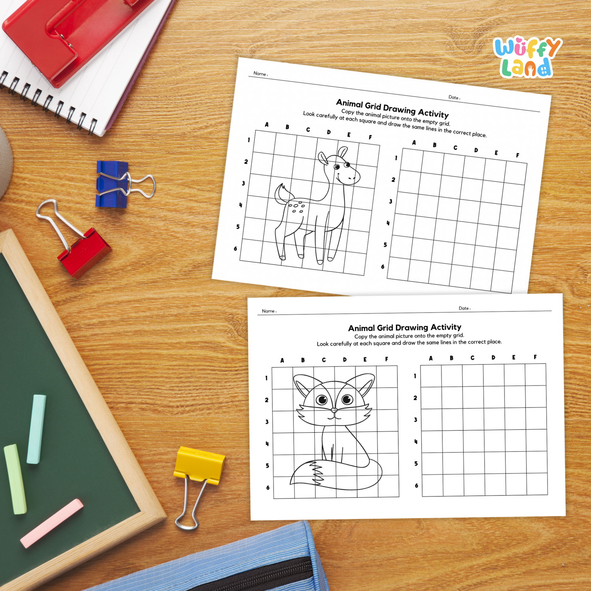 A worksheet showing an animal grid drawing activity with a fox illustration on the left grid and a blank grid on the right for students to copy the drawing