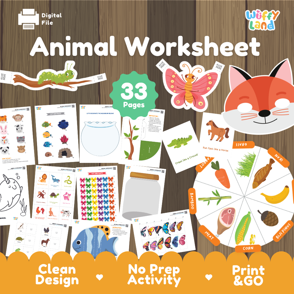 Digital preview of an educational 'Animal Worksheet' bundle by Wiffy Land, showing various printable activity pages, stickers, and a food wheel on a wood-grain background with promotional text.