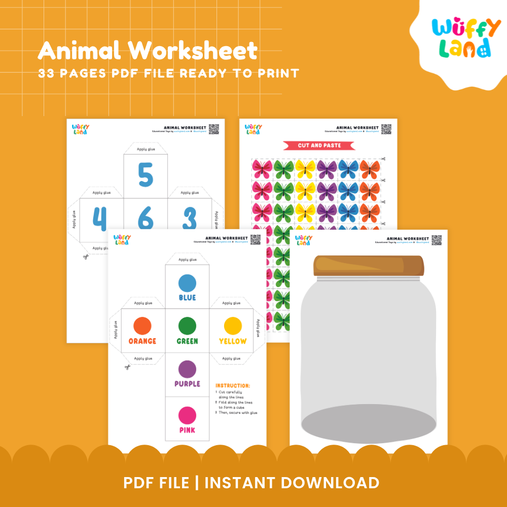 Worksheet bundle cover and preview pages for an animal-themed printable PDF file by Wuffi Land, shown on an orange background. The sheets include number cards, a color sorting worksheet, a butterfly paste activity, and an animal worksheet with a jar illustration.