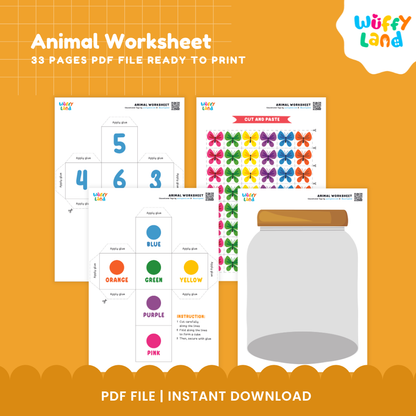 Worksheet bundle cover and preview pages for an animal-themed printable PDF file by Wuffi Land, shown on an orange background. The sheets include number cards, a color sorting worksheet, a butterfly paste activity, and an animal worksheet with a jar illustration.
