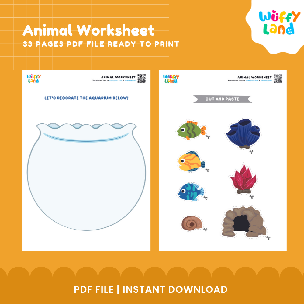 Printable animal worksheet preview from Wuffy Land showing two worksheet pages on an orange background. The left page has a large fishbowl outline with text 'LET'S DECORATE THE AQUARIUM BELOW!'.
