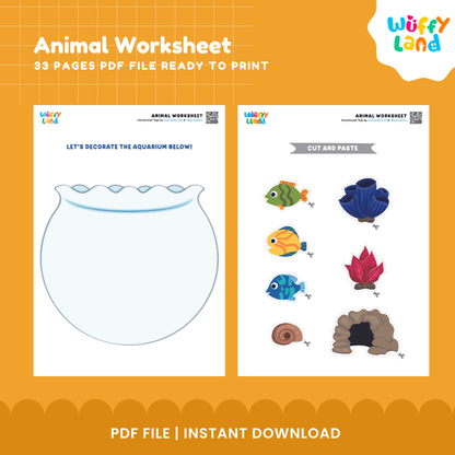 Printable animal worksheet preview from Wuffy Land showing two worksheet pages on an orange background. The left page has a large fishbowl outline with text 'LET'S DECORATE THE AQUARIUM BELOW!'.