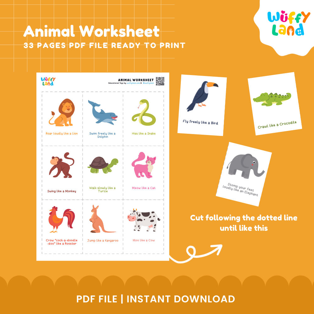 A digital printable worksheet preview for 'Animal Worksheet' by Wuffi Land, showing a central animal-themed worksheet with animal illustrations and sample cutout cards, on an orange background with text reading '33 PAGES PDF FILE READY TO PRINT' and 'PDF FILE | INSTANT DOWNLOAD'.