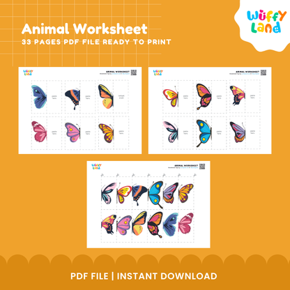 Promotional graphic for an animal worksheet PDF download from Wuffy Land, showing three sample butterfly worksheet pages on an orange background with text reading 'Animal Worksheet', '33 PAGES PDF FILE READY TO PRINT', and 'PDF FILE | INSTANT DOWNLOAD'.