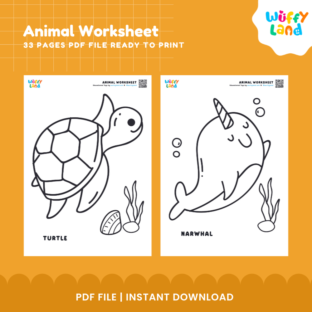 Promotional graphic for an animal worksheet PDF from Wiffy Land, showing two printable black-and-white worksheet pages: a turtle labeled TURTLE and a narwhal labeled NARWHAL. Text reads 'Animal Worksheet', '33 PAGES PDF FILE READY TO PRINT', and 'PDF FILE | INSTANT DOWNLOAD' on an orange background.