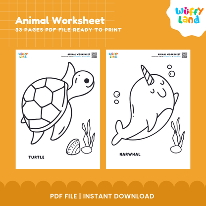 Promotional graphic for an animal worksheet PDF from Wiffy Land, showing two printable black-and-white worksheet pages: a turtle labeled TURTLE and a narwhal labeled NARWHAL. Text reads 'Animal Worksheet', '33 PAGES PDF FILE READY TO PRINT', and 'PDF FILE | INSTANT DOWNLOAD' on an orange background.