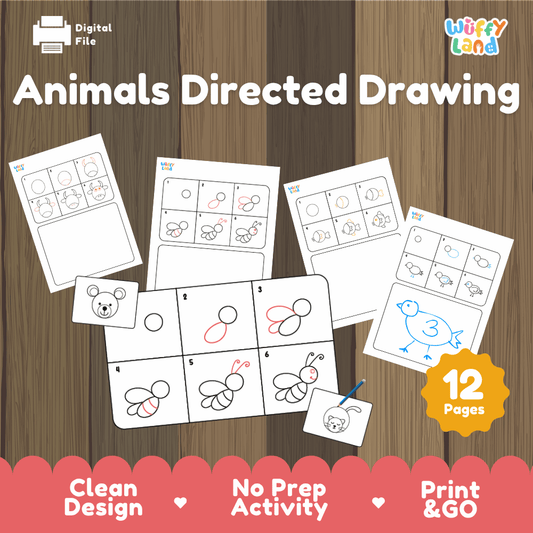 Animals directed drawing printable step by step art activity pack overview from Wuffy Land featuring 12 pages 🎨🐾
