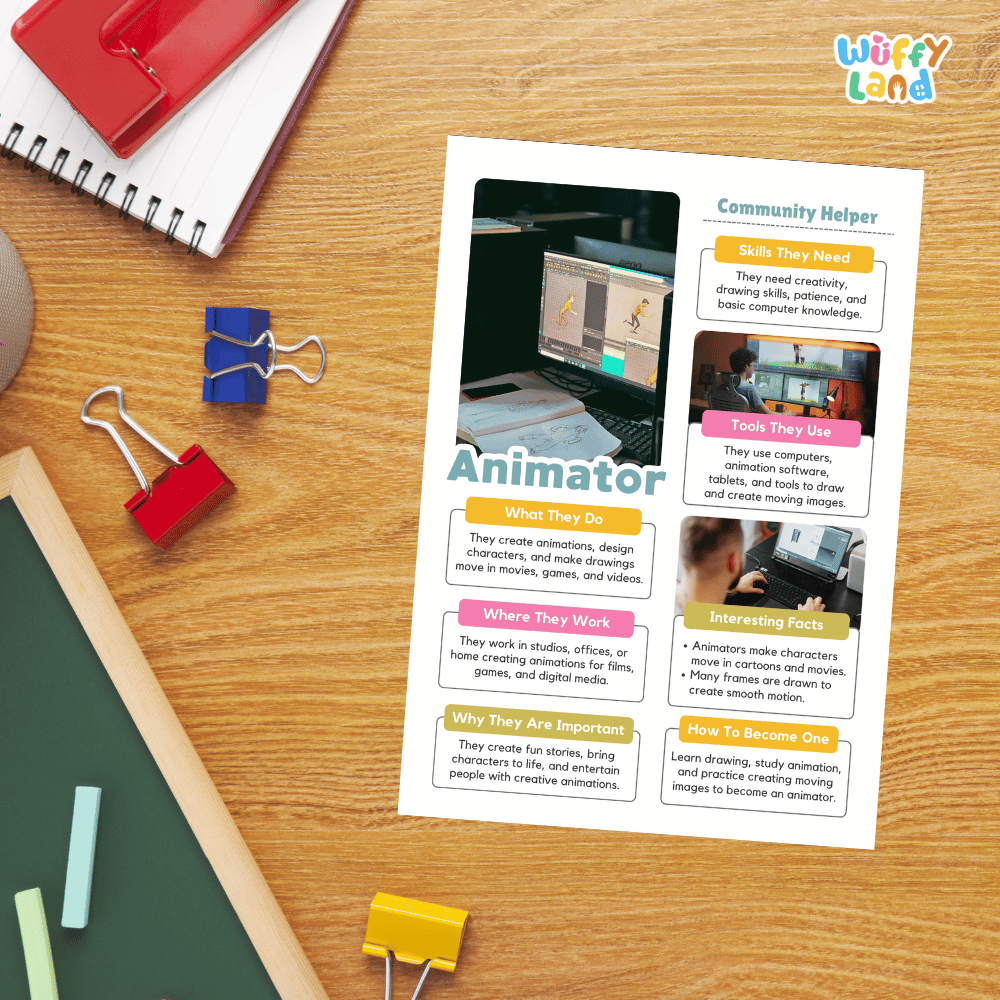 A printed informational poster titled 'Animator' lies on a wooden desk, surrounded by school supplies including a spiral notebook, binder clips, a green notebook, and a blue eraser. The poster features sections on 'Community Helper,' 'Skills They Need,' 'Tools They Use,' 'What They Do,' 'Where They Work,' 'Why They Are Important,' and 'How to Become One,' with small photos and colorful headers.
