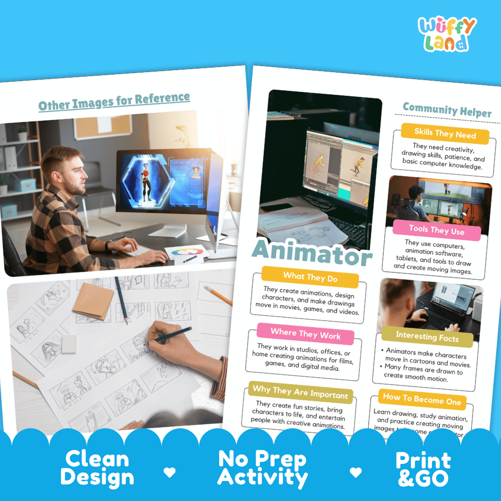 A promotional graphic for an 'Animator' community helper activity sheet from 'Wiffy Land'. The image shows two printed activity sheets with text and images, alongside a blue banner at the bottom reading 'Clean Design', 'No Prep Activity', and 'Print & GO'.