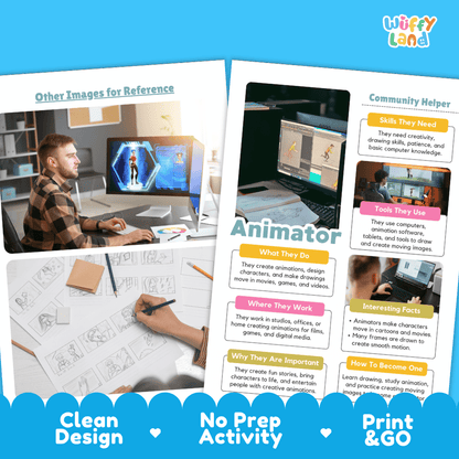 A promotional graphic for an 'Animator' community helper activity sheet from 'Wiffy Land'. The image shows two printed activity sheets with text and images, alongside a blue banner at the bottom reading 'Clean Design', 'No Prep Activity', and 'Print & GO'.