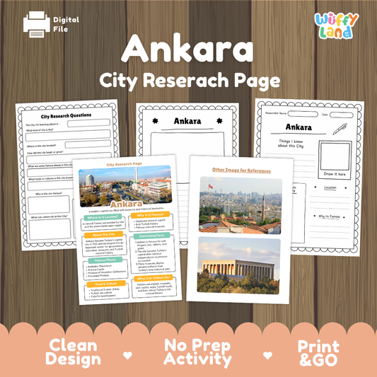 Printable city research page set about Ankara, shown as overlapping worksheet pages on a wood background with promotional text at the bottom. The product appears to be a digital/downloadable educational activity rather than a physical item, so subject_type is Other rather than Product/Packaging.
