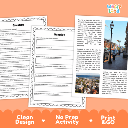 Student reading passage titled A Historic City by the Bay detailing Annapolis Maryland crab cakes and city photography