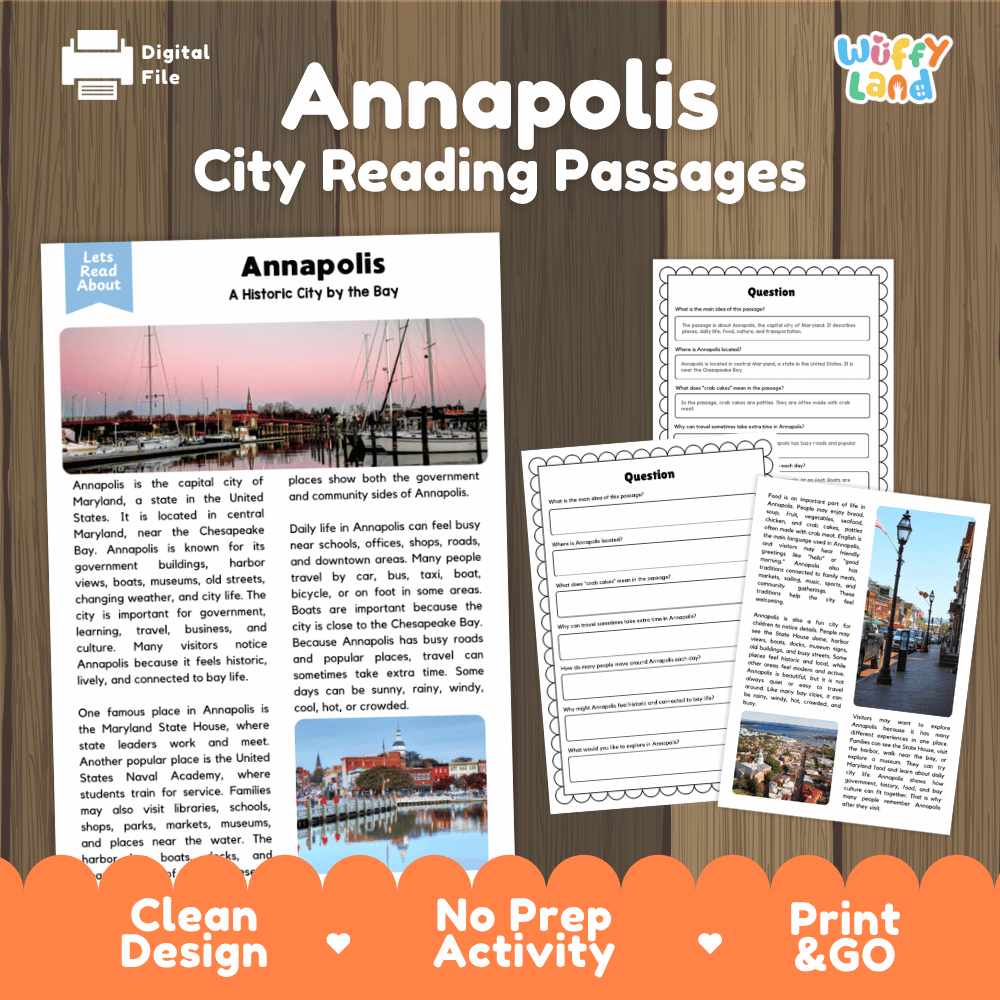 Annapolis city reading passages and comprehension worksheet educational unit featuring nonfiction text and authentic Annapolis Maryland harbor and statehouse photography