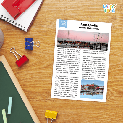 Lined reading comprehension question worksheet covering main ideas vocabulary terms and landmark facts about Annapolis Maryland