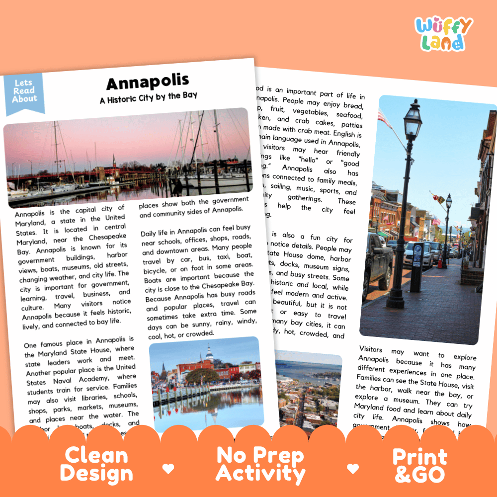 Reference sheet and answer key for Annapolis landmark reading passage displaying completed comprehension answers and United States geography facts