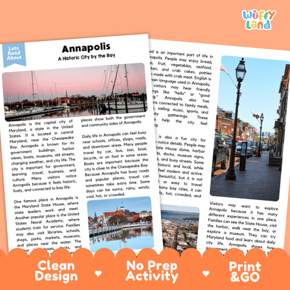 Reference sheet and answer key for Annapolis landmark reading passage displaying completed comprehension answers and United States geography facts