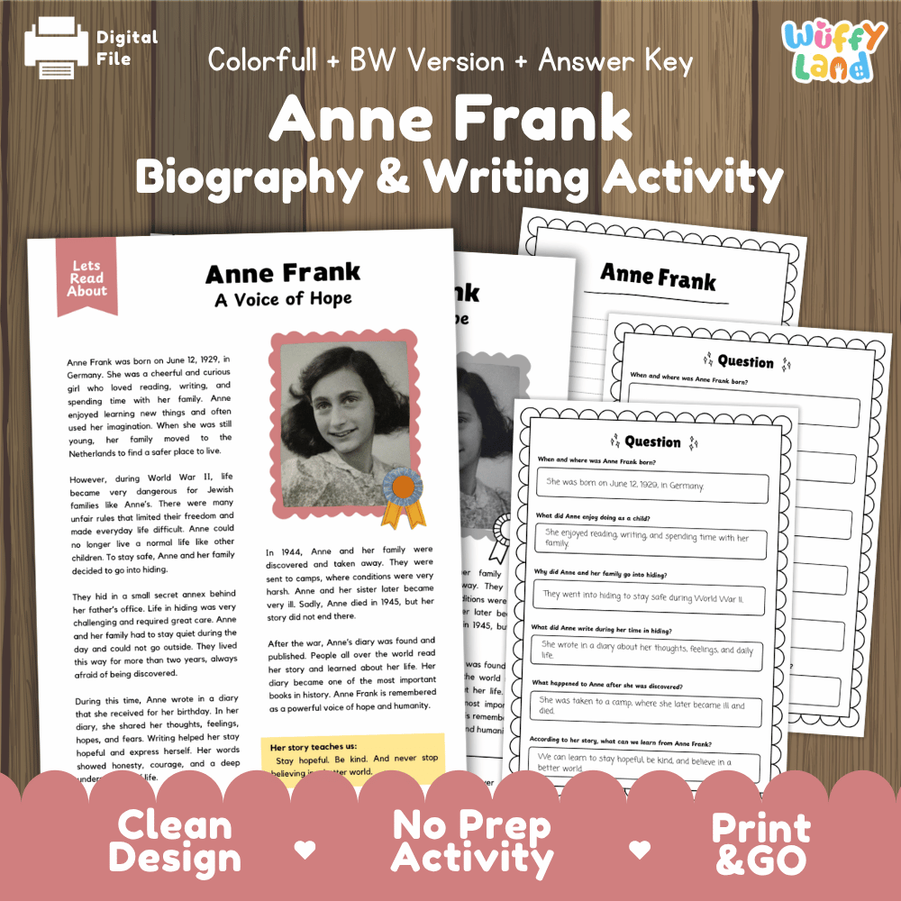 Anne Frank Biography Reading Passage and Writing Activity Worksheets