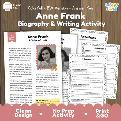 Anne Frank Biography Reading Passage and Writing Activity Worksheets