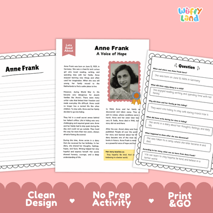 Anne Frank Biography Reading Passage and Writing Activity Worksheets