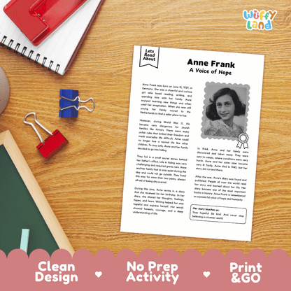 Anne Frank Biography Reading Passage and Writing Activity Worksheets
