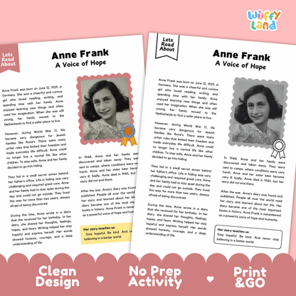 Anne Frank Biography Reading Passage and Writing Activity Worksheets