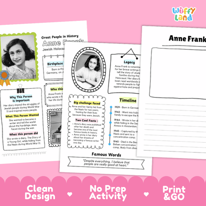 Anne Frank Famous People Research Page Worksheets and Biography Activity