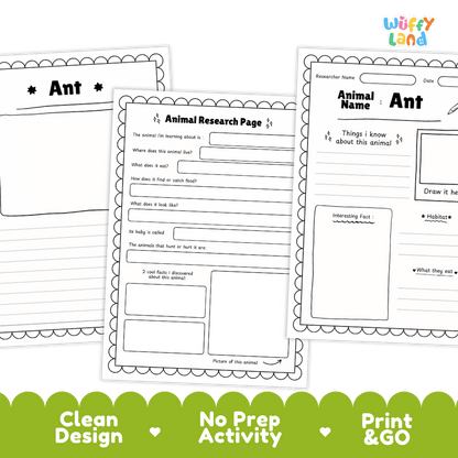 Ant Animal Research Project and Worksheets Print and Go Activity