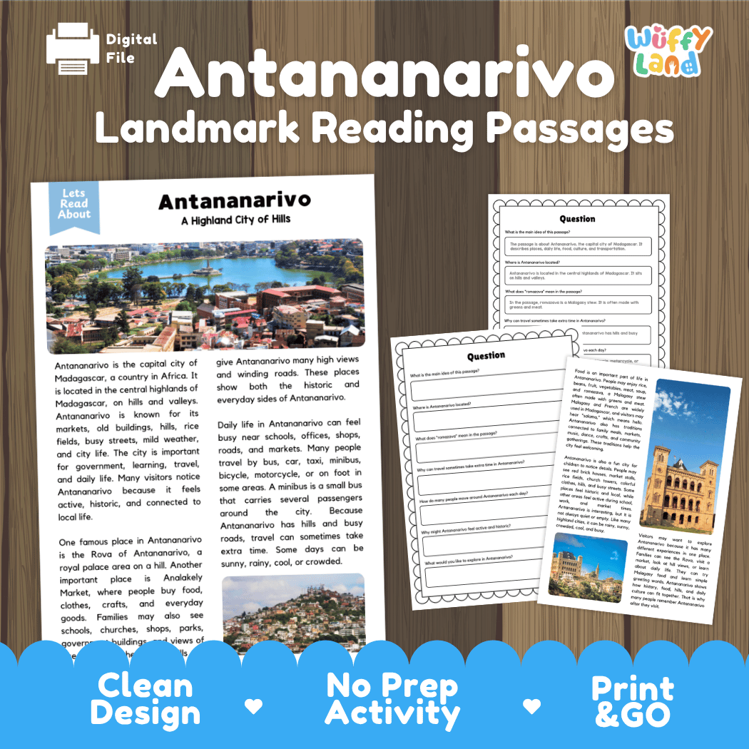 Antananarivo Landmark Reading Passages and Comprehension Worksheets