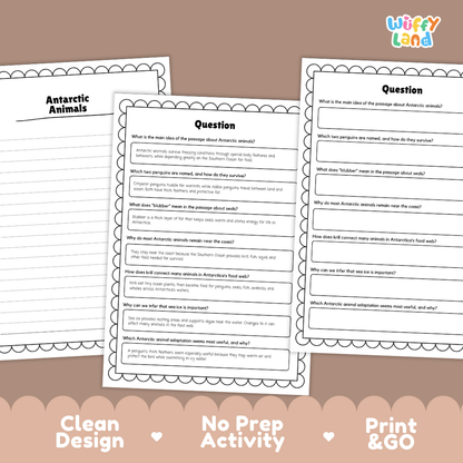 Informational reading passage page detailing Antarctic animals penguins seals blubber adaptations and krill food web with photos