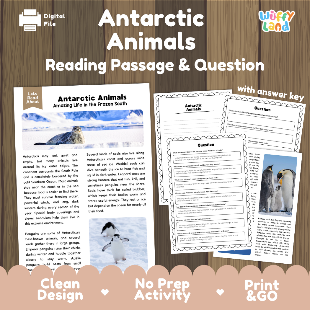 Antarctic Animals reading comprehension passage and questions printable activity pack with answer key for elementary students