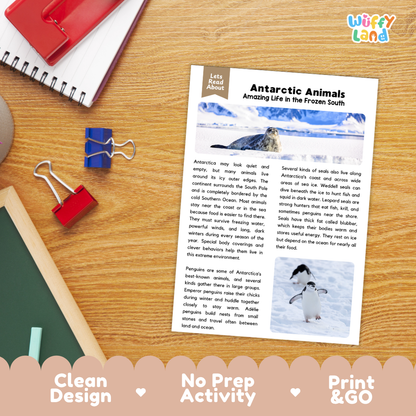 Student reading comprehension worksheet with short-answer questions and lined sections about Antarctic animals