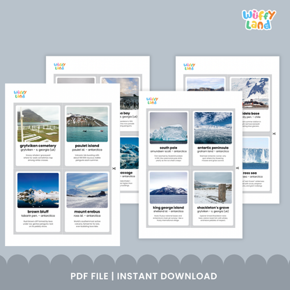 Printable flashcards showing Port Lockroy and Ross Sea with location subtitles and educational trivia