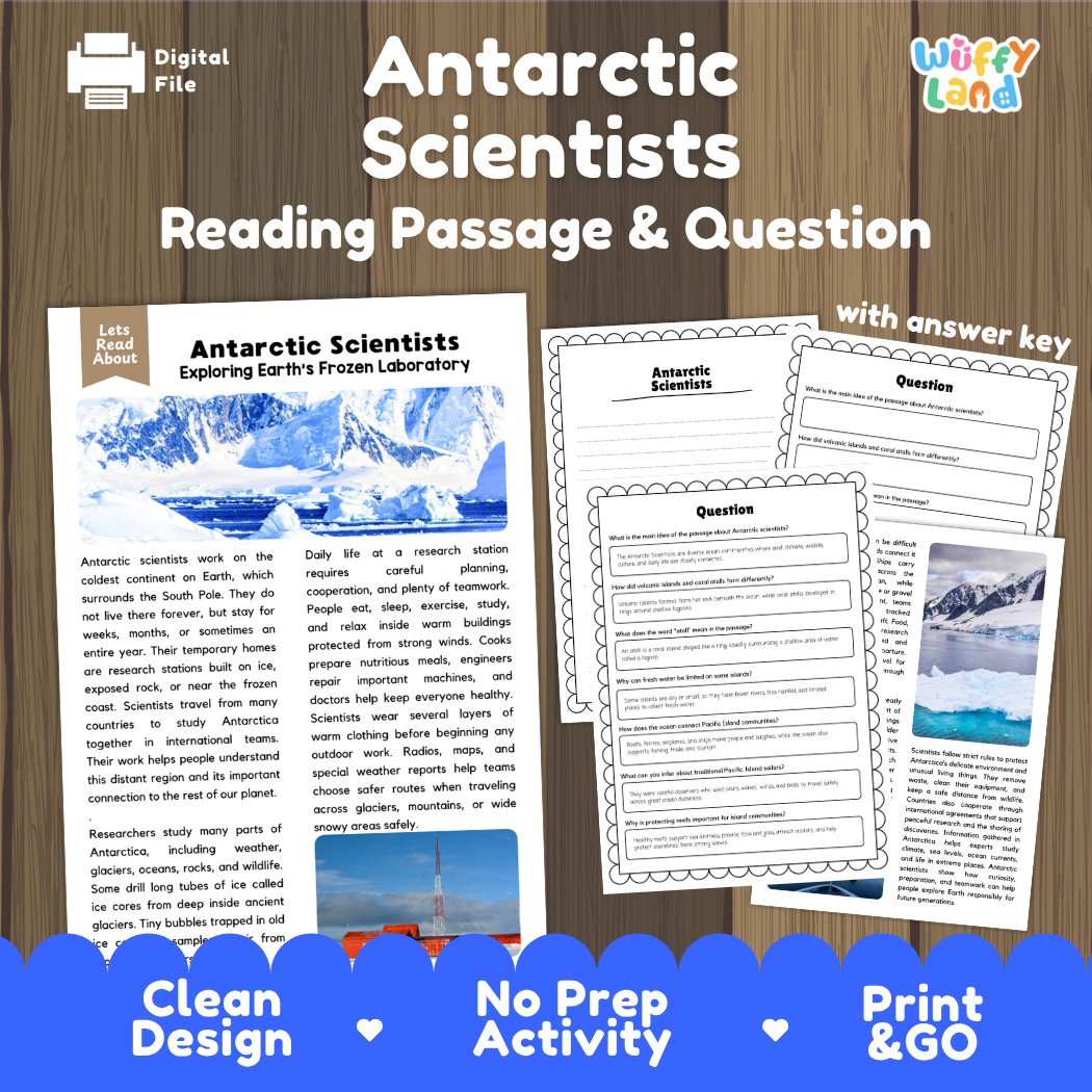 Antarctic Scientists reading comprehension passage and questions printable activity pack with answer key for elementary students